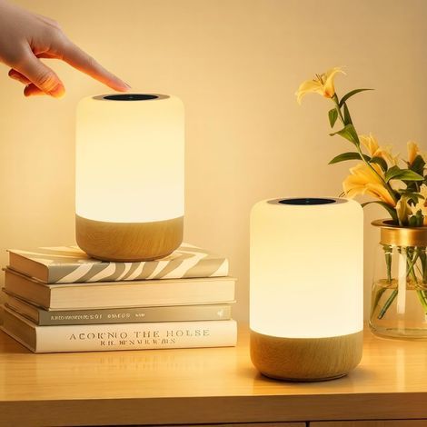 Set of 2 Touch-Sensitive Bedside Lamps, 8-Color Rechargeable LED Lamp, Wooden Night Light with Memory (1/5)