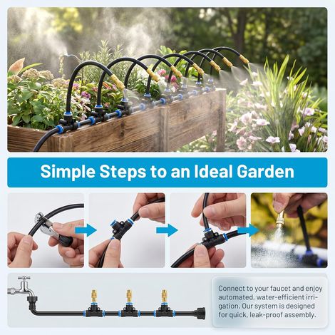 Kit Goutte à Goutte Irrigation Jardin – Système d’Arrosage Automatique 360°, 15m Tuyau et Brumisateur, 15 Buses Laiton Orientables, Installation Rapide, pour Potager, Balcon, Serre, Intérieur (1/5)