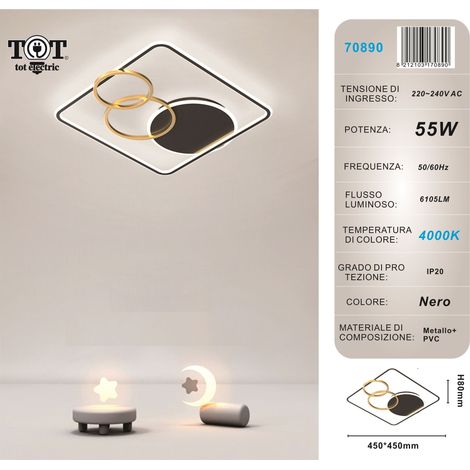 Plafoniera led 55w quadrato con cerchi nero oro lampada da soffitto design moderno luce per camera soggiorno cucina Naturale