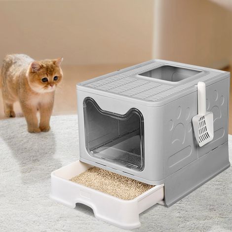 Katzentoilette mit Abnehmbarem Tablett,Streuschaufel,41×51×38cm,Grau und Weiß (1/5)