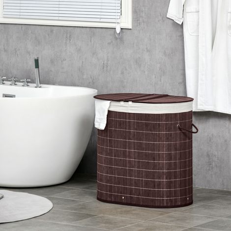 HOMCOM Wäschekorb aus Bambus, 100 l Fassungsvermögen, Wäschekorb mit 2 Fächern, 62,5 x 37 x 60,5 cm, Braun
