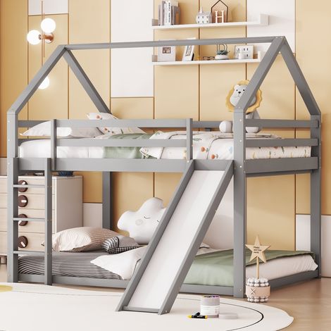 Etagenbett Hausbett aus Kiefernholz und MDF Grau 140x200 cm mit Rutsche, Leiter und Lattenrost