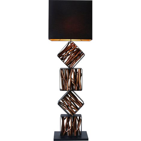 Lampadaire en Bois Flotté Naturel et Métal Noir avec Abat-Jour Noir et Or H155 cm - PANGIVO (1/5)
