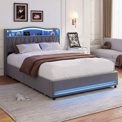 Cama 160x200 cm, Cama doble 160x200 cm, Estructura de cama para 2 personas, 4 cajones y LED, Cabecero con almacenamiento, Terciopelo, Somier, Gris (1/5)