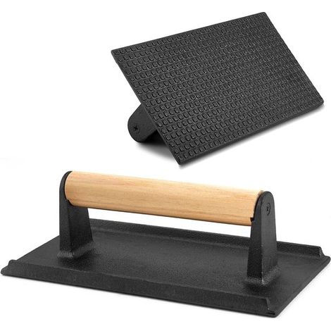 Prensa para parrilla de hierro fundido de 2 piezas, Prensa para hamburguesas de hierro fundido, parrilla de hierro fundido, Color negro, madera (1/5)