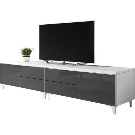 Meuble TV Hortus I, Blanc + Gris brillant, Le nombre de portes: 2, Nombre de tiroirs: 4, 200x43x45cm, LED: Disponible