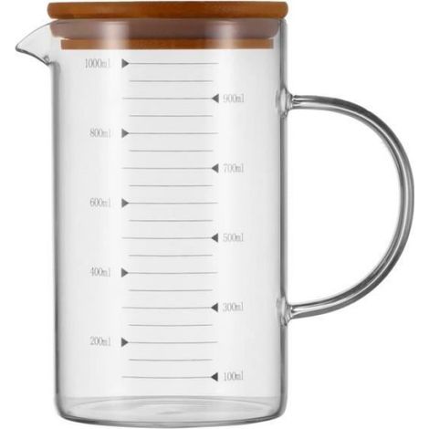 Tasse à mesurer en verre - 1000 ml avec couvercle en bambou à l'échelle noire (1/4)