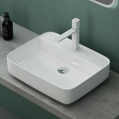 Mai & Mai Vasque à Poser 50x40x13,5cm Lavabo en Céramique Blanc avec Perçage de Robinet BR107