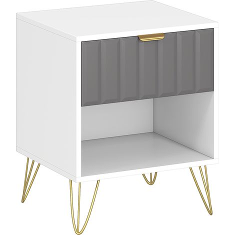Table de chevet blanche 45x40x55 cm, table d'appoint avec tiroir et poignée, compartiment ouvert, pieds métal (1/5)