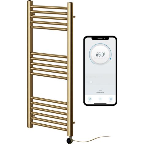 York Brushed Brass WiFi Controlled Electric Heated Straight Towel Rail 500mm W x 1000mm H