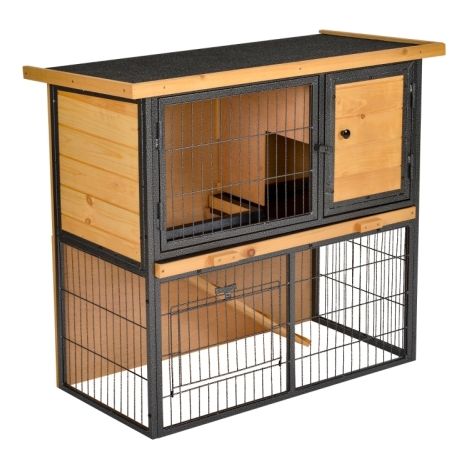 Elevated Wooden Metal Guinea Pig and Rabbit Hutch with No-Leak Tray, Openable Roof, Outdoor Use, 89.5 x 45 x 81cm, Light Yellow (1/5)