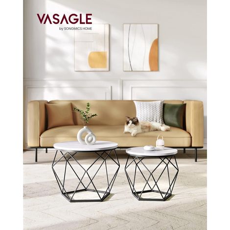 VASAGLE Tavolino da CaffÈ Rotondo, Set di 2 Tavolini ad Incastro, Stile Moderno, Piano Rimovibile, Struttura in Acciaio, Adatto per Soggiorno, Bianco e Nero