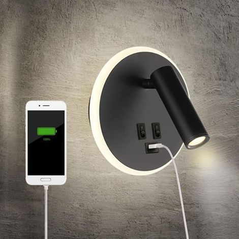 LED bedside lamp with USB charging port, indoor wall light, with switch, black, 3W + 8W (round USB) (1/5)