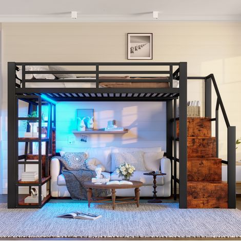 MEUBLIV Cama alta 140x200 cm negra – almacenaje, LED y estantes, sin colchón (1/5)