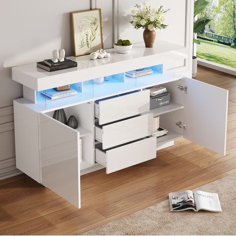 Buffet 140x35x80 cm blanc en panneaux de particules et acrylique avec LED, 3 tiroirs et 2 portes (1/5)
