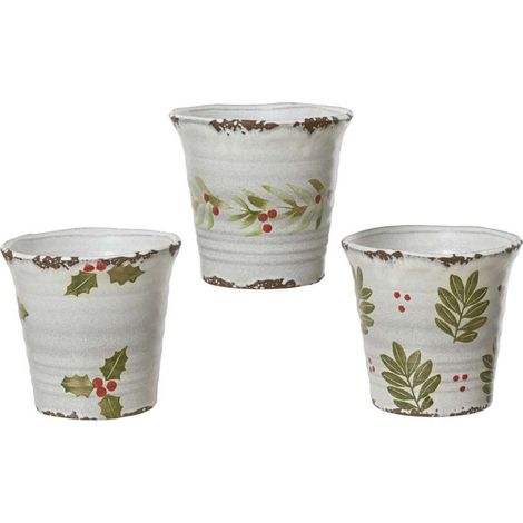 Vaso Bianco in Terracotta Decorato con Foglie di Agrifoglio 14x13,5 cm