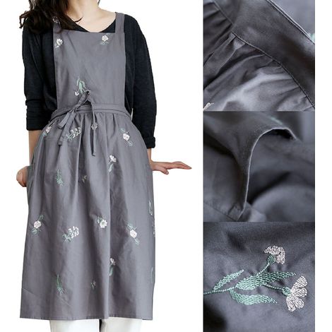 Tablier de cuisine brodé fleurs, imperméable et résistant, gris foncé, pour café, pâtisserie et maison (1/5)