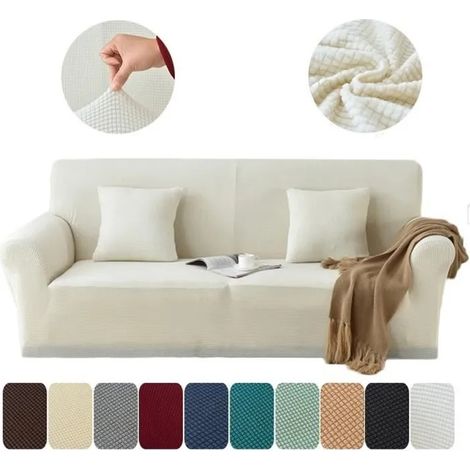 1-Pièce Jacquard Housse de Canapé Extensible, Peluche Revêtement de Canapé (de 190 à 230 cm) - 3 Place,Blanc (1/4)