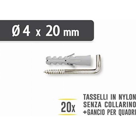 Tasselli in nylon Diam. 4 x 20 senza collarino con gancio appendiquadri 2,5x32 - 20 pz. (1/3)