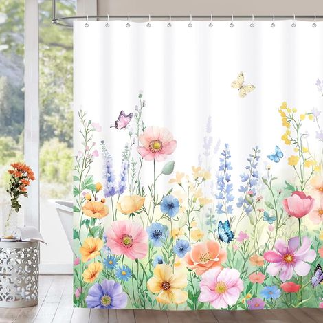 Cortina de ducha con mariposas primaverales, 180x180 cm, tejido de poliéster lavable, impermeable, con 12 ganchos. (1/5)