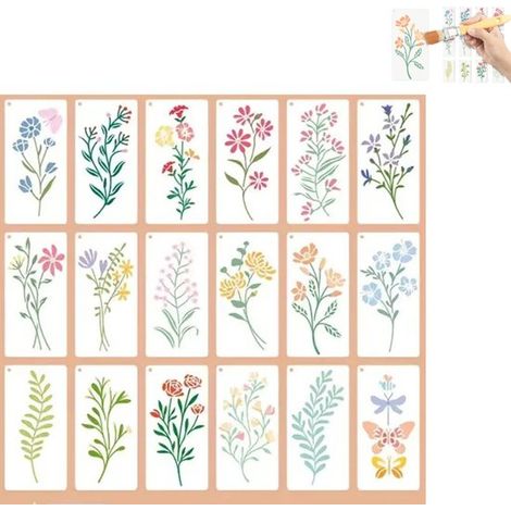 18 piezas, Plantillas de 6x3 pulgadas con diseños de plantas y flores, Plantillas reutilizables, Plantillas de pintura impermeables y duraderas (1/5)