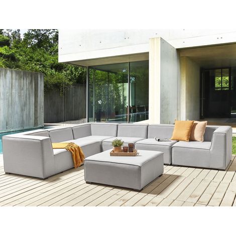 Sofá esquinero 7 plazas modular de poliéster gris claro negro derecho con reposapiés Arezzo (1/5)