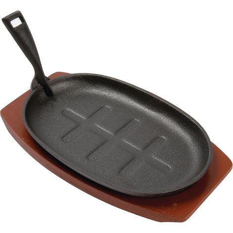 Plat de service ovale en fonte 28 x 19 cm avec support en bois, taille : 280 (L) x 190 (P) mm, Idéal pour servir des currys, des steaks, des brochettes, Antiadhésif une fois assaisonné, CC310 (1/5)