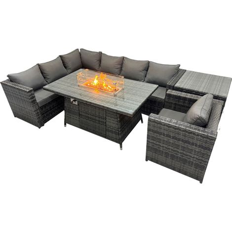 Fimous Rattan Garden Furniture Dining Set 7-seater Gas Firepit Dining Table Corner Sofa Set with Side Table Dark Grey Mixed (1/5)