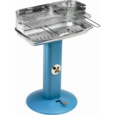 Barbacoa de carbón en acero inoxidable con columna equipada con toma de aire regulable, parrilla cromada ajustable en 4 posiciones Made in Italy