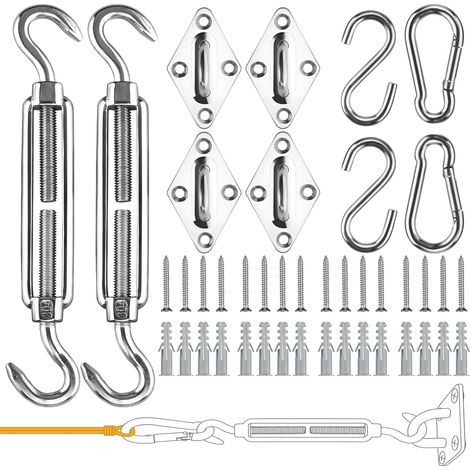 Kit de Fixation Voile D'ombrage, 5 Pouces 42Pcs Acier Inoxydable Soleil Voile D'ombrage Kit Accessoires de Fixation pour Rectangle et Triangulaires Toile Voile d'ombrage Auvents (1/5)