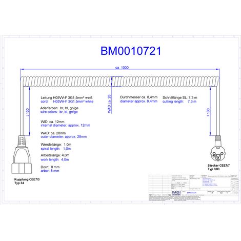 BACHMANN Cable en espiral H05VV-F 3G1,5mm² L: 4,0m ws CEE7/7, BM0010721