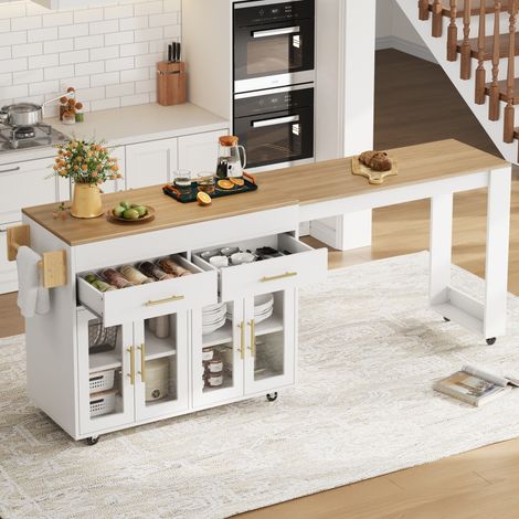 Îlot de cuisine mobile/chariot de cuisine à roulettes, table de bar extensible avec espace de rangement, meuble de cuisine avec portes vitrées, tiroirs et étagère, blanc, 132,5-217 x 50 x 93 cm (1/4)