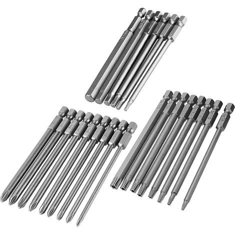 Lot de 23 tournevis longs - En acier S2 - Avec tige hexagonale magnétique - 1/4" - Avec embouts de tournevis cruciforme - 100 mm (1/5)