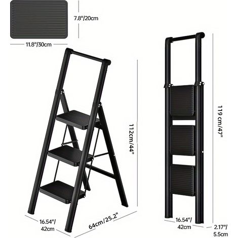 Échelle pliante 3 marches avec rampe, antidérapante, pour la maison ou le bureau. Portable et robuste, noire. (1/5)