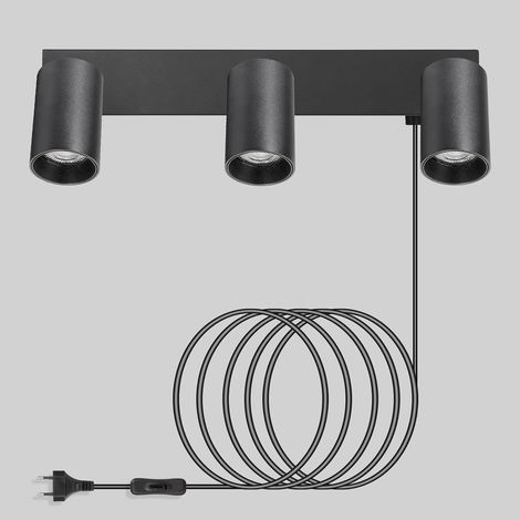 Applique Murale avec Prise et Interrupteur 3 Spots GU10, Noir Lampe de Chevet Murale, Moderne Tourner 350°, Lampe Murale pour Chambre Salon Couloir Peinture Murale, Sans Ampoules (1/5)