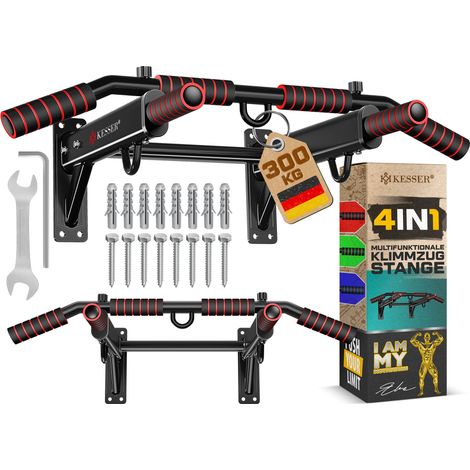 KESSER® 4in1 Klimmzugstange zur Wandmontage rutschfesten Griffen zusätzliche Funktion für Seile Ringe und Boxsäcke mit verschiedenen Griffpositionen Rot