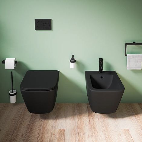 Coppia di Sanitari Sospesi in Ceramica Nero Opaco Vaso Rimless con Sedile Soft-close e Bidet Mod. Kyoto (1/5)