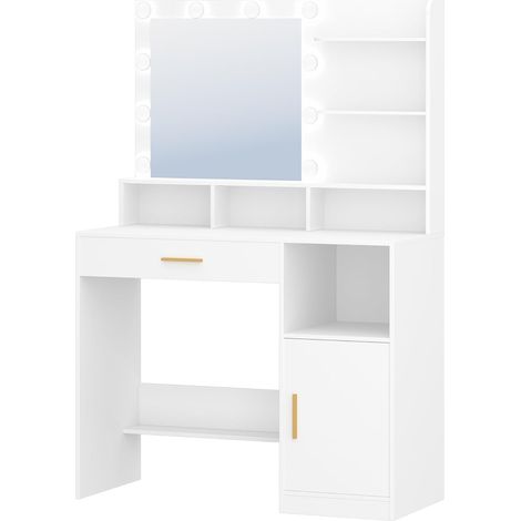 Coiffeuse enfant avec miroir et 10 lumières LED – Tiroir et armoire de rangement – Dimensions 40 x 95 x 140 cm – Matériaux MDF et verre (1/5)