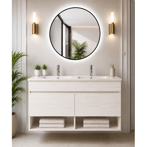 Badmöbel hängend mit Waschbecken extra flach ORIGENBATH NEBARI mit Türen ohne Spiegel 120x45 cm Doppelwaschbecken nordisch weiß (1/5)