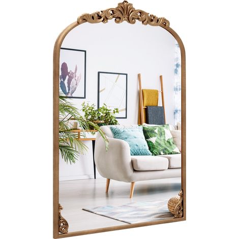 Miroir mural arche doré baroque vintage avec cadre en métal orné et crochets de fixation pour entrée salon et salle de bain (1/5)
