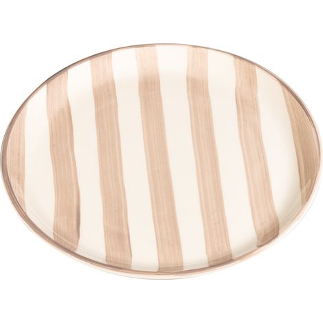 Set 2 Piatti Piani Righe Artigianali in Ceramica Diametro 28 cm Colore Sabbia Decorazione Dipinta a Mano Made in Italy Elegante Design Moderno
