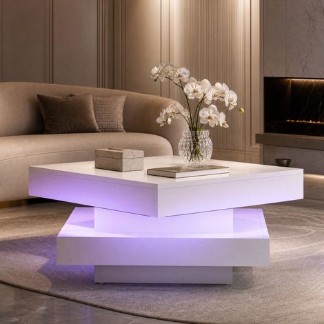 Tavolino quadrato 70x70x36 cm in legno bianco, piano girevole LED, FloraGrace (1/5)
