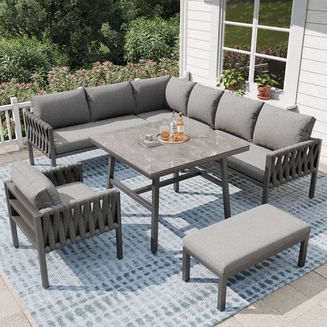 Set tavolo e sedie da giardino (divano angolare + 1 poltrona + 1 panca + 1 tavolo) regolabile, 8 posti, grigio (1/5)