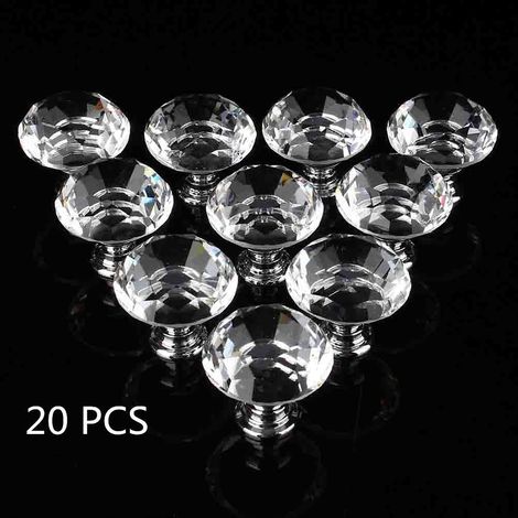 poignée-Poignées de porte en cristal 30mm - Lot de 20 - Pour cabinet, armoire et dressing