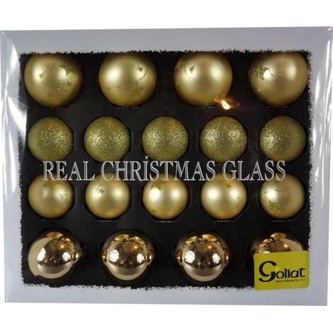 Set mit 18 eleganten goldenen Glaskugeln in verschiedenen Größen und Texturen (1/2)