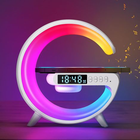 Lampe de Chevet LED Intelligente Blanc ABS avec Chargeur Sans Fil, Haut-Parleur Bluetooth, 10 Modes d'Éclairage, Réveil et Musique Bluetooth (1/5)
