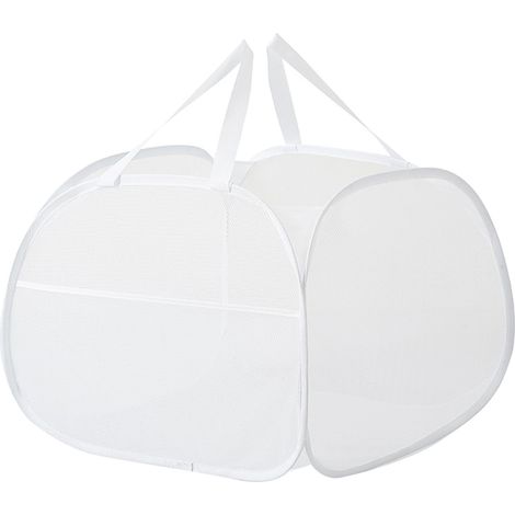 Panier à linge pliable 90L blanc en maille respirante avec poignée et poche latérale pour salle de bain (1/4)