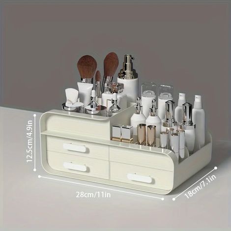 (Beige M) Boîte de rangement cosmétique à tiroir, décoration de dortoir, étagère en plastique grande capacité (1/4)
