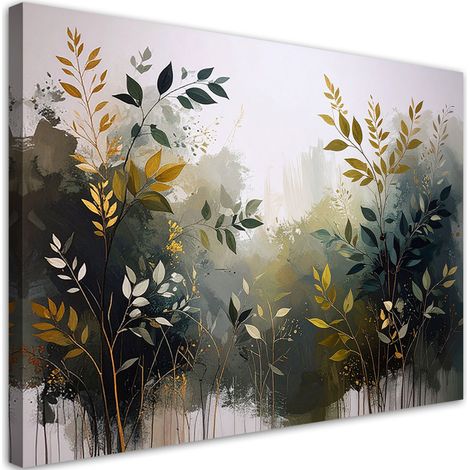 Tableau Moderne, Feuilles abstraites brindilles vert or,30x20 (1/4)