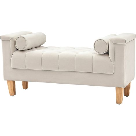 Sitzbank Polsterbank mit Chenille-Bezug, Armlehne Bettbank mit 2 Zylinder-Kissen, Holzrahmen, Schuhbank für Schlafzimmer, Wohnzimmer, Flur 115 x 44 x 58 cm Beige